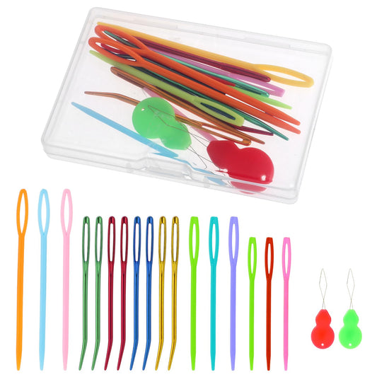 19 Pcs Crochet Needles Set Ergonomic Bent Tapestry Needle Big Eye Blunt Needles Darning Weaving Stitch Marker Colorful Plastic Yarn Sewing Needles for DIY Hand Knitting Craft Art Tools Beginners