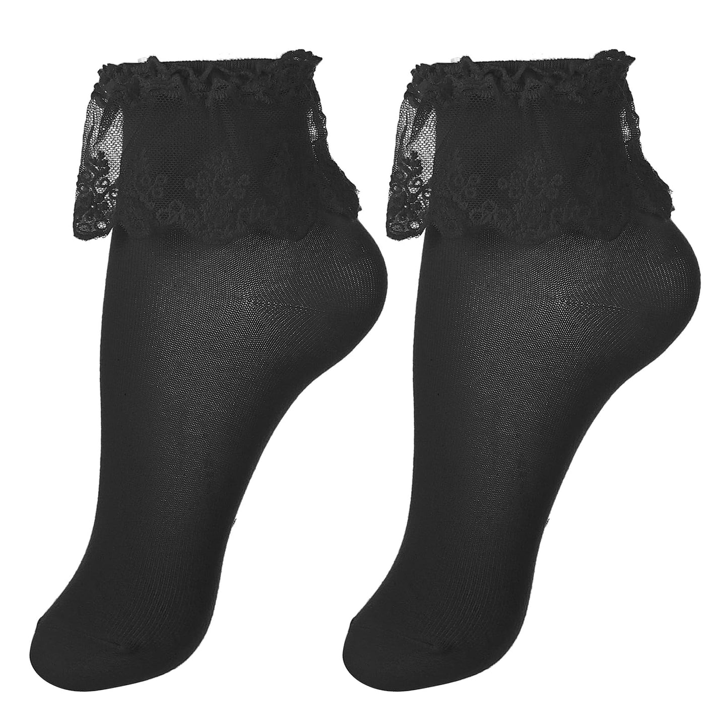 Sibba Ankle Lace Long Socks 1 Pair Vintage Frilly Ruffle Boot Clothing Kawaii Mesh Floral Halloween Easter Party Cosplay Dance Hosiery Womens Teen Girls (Black)