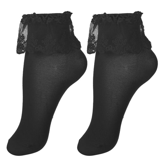 Sibba Ankle Lace Long Socks 1 Pair Vintage Frilly Ruffle Boot Clothing Kawaii Mesh Floral Halloween Easter Party Cosplay Dance Hosiery Womens Teen Girls (Black)