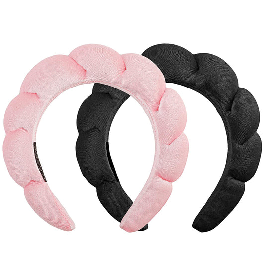 Sibba 2Pcs Spa Headband for Women Velvet Sponge Headbands for Washing Face Makeup Removal Skincare Shower Cute Puffy Head Band Make Up Hair Band Accessories(Pink & Black)