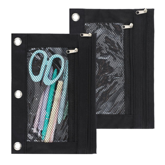 Sibba 2pcs 3 Ring Binder Pencil Pouches Zipper Pouch Pencil Case Office Supplies Folders Pocket File Zipper Stationery Bag with Clear Window Double Pocket Pencil Bag Mesh Pencil Bag for Girls Boys