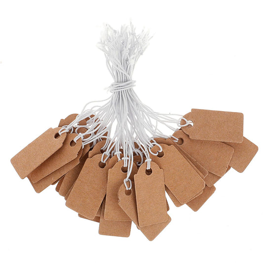 Dimeho 200 Pcs Price Tags, Kraft Paper Hang Tags with Elastic String Attached Writable Display Label Marking Strung Tags for Product Clothes Jewelry Price Labels Craft Tag (1.02 × 0.51 Inch, Brown)