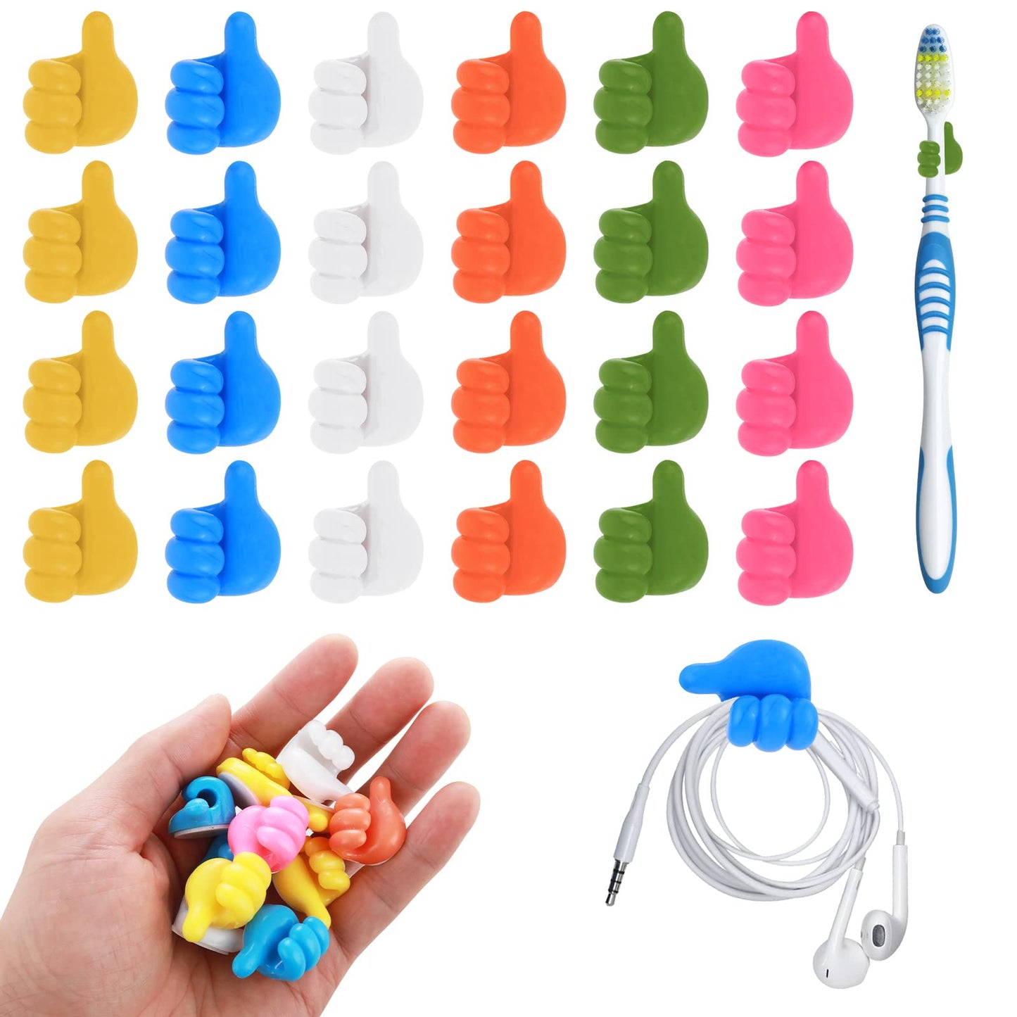 WLLHYF 30Pcs Silicone Thumb Wall Hooks, Self Adhesive Thumb Hook Multifunction Cable Clips Creative Holder Wall Hangers for Storage Data Cables Earphones Plugs Key(Random Color)