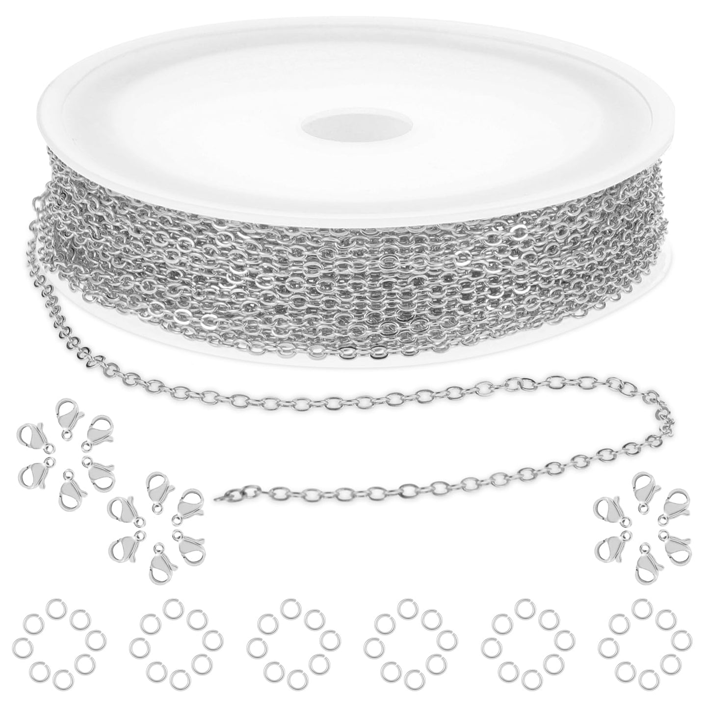 COMNICO 16.4ft Stainless Steel Chain 2.4mm Jewelry Cable Link Chain Roll DIY Craft Supplies Findings with 20pcs Lobster Clasps 50pcs Jump Rings for Making Necklace Earring Bracelet (Silver)
