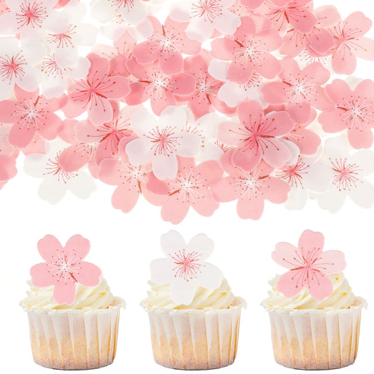 60pcs Edible Flowers Cake Topper Cupcake Toppers Decorations Rice Paper Pink Cherry Blossom Flowers Wedding Themed Party Birthday Cake Decoration Spring Bridal Engagement Baby Shower cake Theme Decor