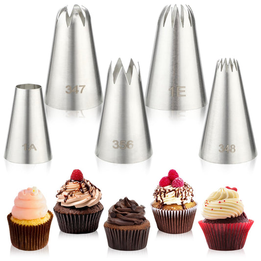 Dimeho 5 Pack Large Piping Tips Set Stainless Steel Cupcake Frosting Tip Seamless Cake Icing Decorating Nozzle Easy Use Baking Tools for Puff Cookies Decoration Churro Pastry Bag