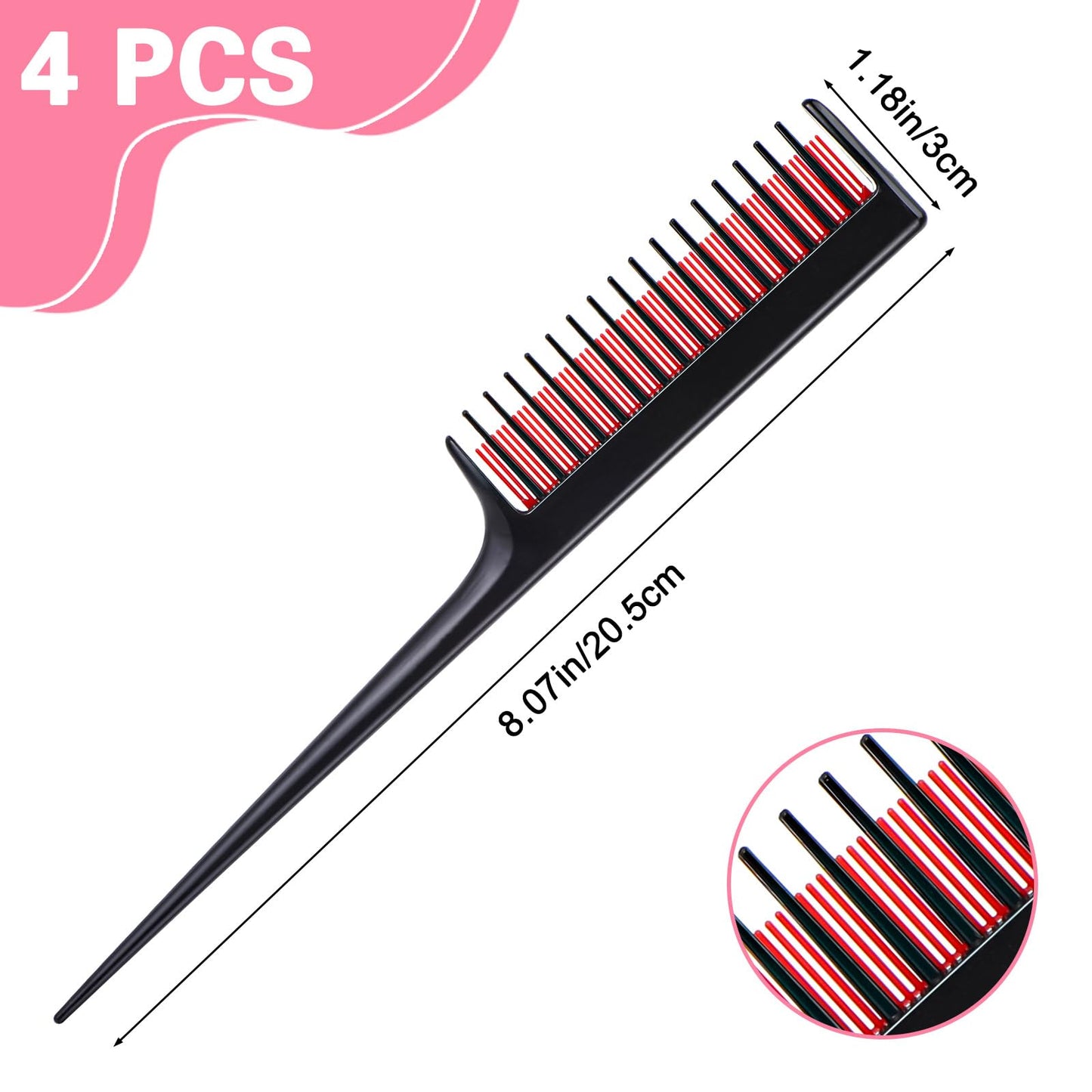 Wanmu 4Pcs Professional Teasing Comb, 8 In Hair Comb for Women, Triple Teasing Comb for Fine Hair, Rat Tail Combs for Women, Hair Styling Back Comb, Rat Tail Comb for Hair Volume and Sectioning