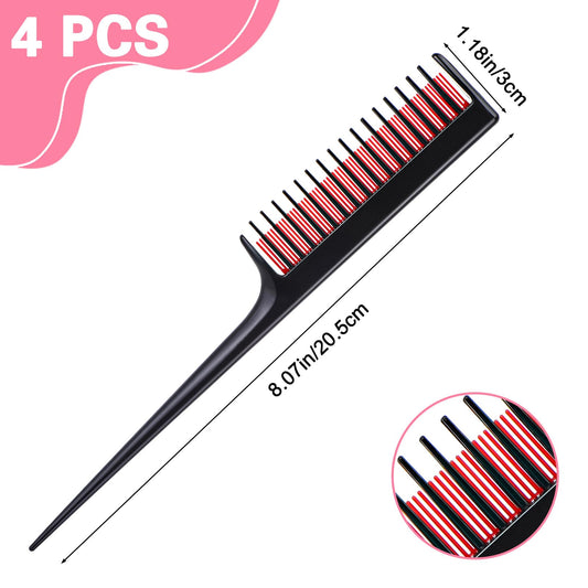 Wanmu 4Pcs Professional Teasing Comb, 8 In Hair Comb for Women, Triple Teasing Comb for Fine Hair, Rat Tail Combs for Women, Hair Styling Back Comb, Rat Tail Comb for Hair Volume and Sectioning