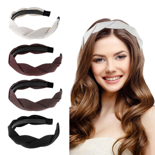 4Pcs Braided Headband Stylish Wide Hairband Fashion Solid Non-Slip Hairhoop with Tooth Versatile Weaving Shape Accessories for Women Girls Thin Thick Short Hair Wash Face Gifts
