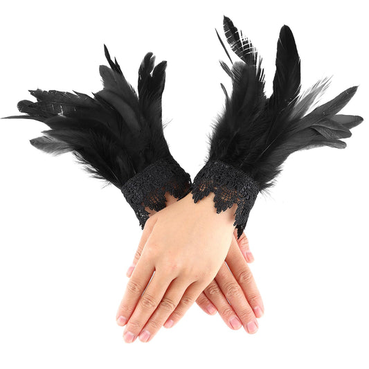 Qianyu Women Feather Wrist Cuffs Lace Bracelets Gothic Mesh Wristband Accessories for Cosplay Halloween Swan Costume