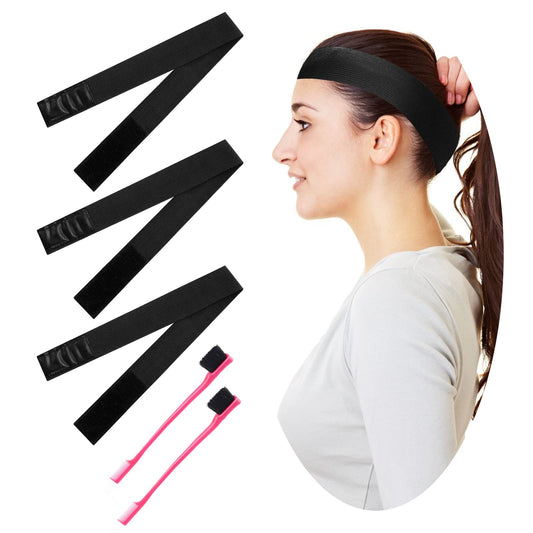 Sibba Elastic Band Set for Wig, 3Pcs Adjustable Elastic Band for Wig with 2Pcs Hair Edge Brush, Elastic Headband Edge Laying Band for Women Hair Closure Frontal Wigs