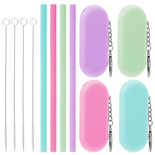 COMNICO Silicone Straws, 4 Set Reusable Replacement Drinking for Party Travel Cold or Hot Straw with Case Foldable Colorful Portable Drinking Straws Set for Glasses Cups Jars with Cleaning Brush