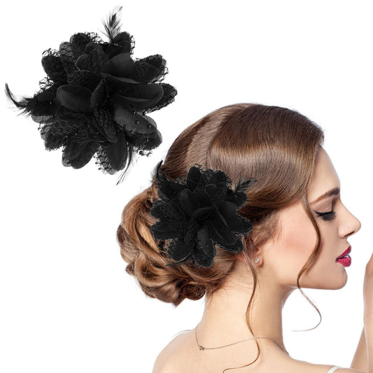 Rose Flower Hair Clip Artificial Flower Brooch Hairpin Feather Hairband Floral Hats Barrette Black Headpiece Accessory for Women Girl Headwear Dress Valentines Easter Wedding Prom Party(Black)