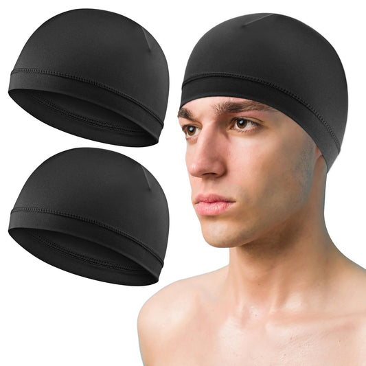 COMNICO 2 Pcs Men Skull Caps Beanie Multifunctional Sleep Hats Breathable Headwear Sweat Absorbent Liner Cap for Men Women (Black)