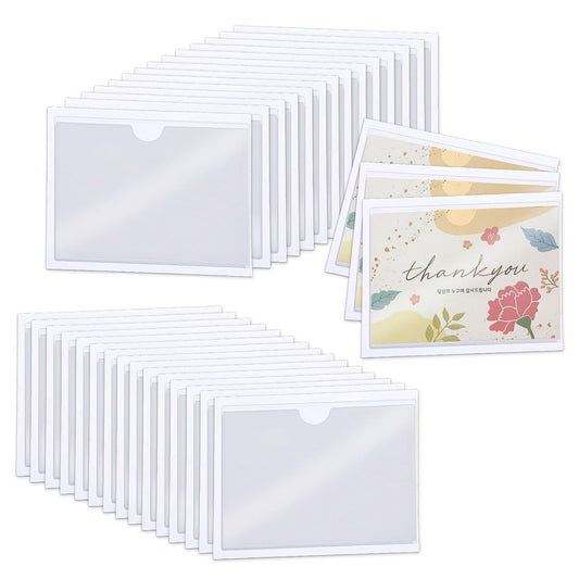 Dimeho 30 Pack Self-Adhesive Index Card Pockets, Clear Plastic Labels Holders for Business Cards 4.72 × 3.54 inches Card Pockets with Top Open for Loading Organizing Cards, Storage Bins, Library