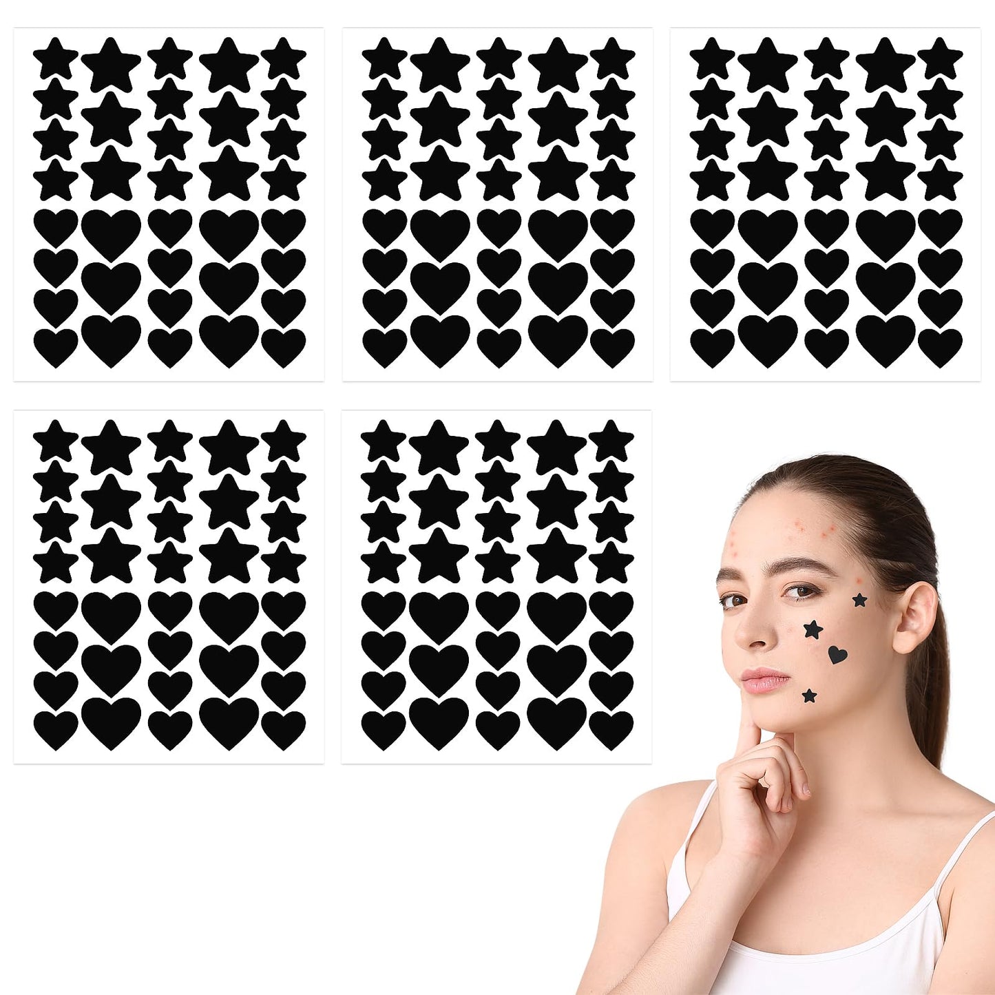 Sibba Face Pimple Patches 180 Pcs Cute Star Covers Heart Shaped Hydrocolloid Pad Sticky Spot Stickers Black Covering Pore Cleaning Strips Peel Invisible Spot Absorbing Zit Sticky Patch Covers