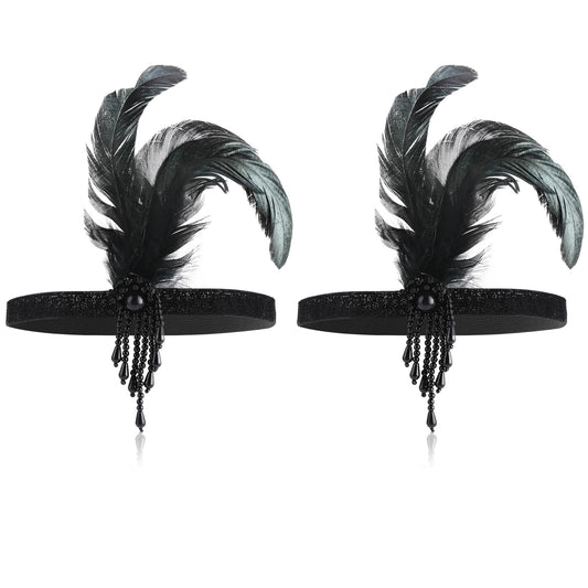 COMNICO 1920s Flapper Headband, 2 Pcs Feather Headband 1920s Fashion Bling Rhinestone Hair Accessories Head Wear for Women 20s Hair Costume Accessory Gatsby Themes Costume Prom Party Decoration