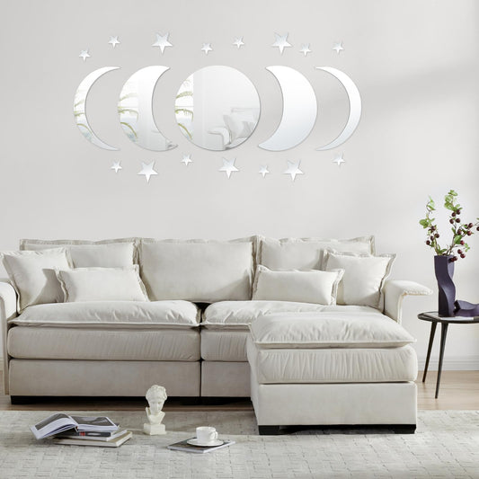 Dimeho 20Pcs Moon Phase Mirror Set Natural Wall Decor Self Adhesive Mirrors Silver Stickers Moon Mirror Boho Mirrors for Wall Decorative for Home Living Room Bedroom Decor