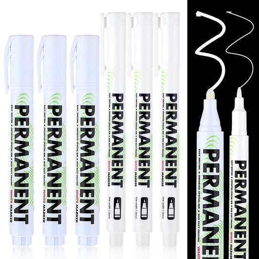 Sibba Acrylic White Paint Pens, 6 Pack White Permanent Marker with Extra Fine Point (1mm) & Medium Tip (3mm), White Oil Based Paint Pens for Wood, Rock Painting, Canvas, Stone, Glass, Ceramic