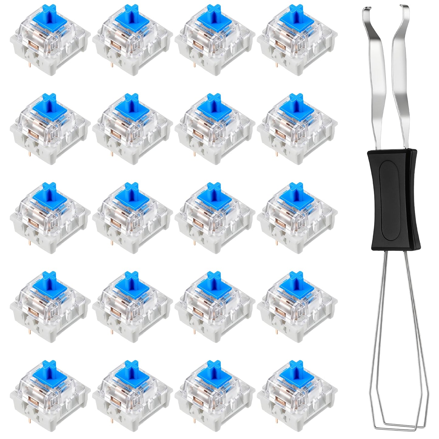 Qianyu Pack of 20 Transparent Blue Axis Switches with Puller, 3-PIN Keyboard Switch, Mechanical Keyboard Replacement Switch, Keyboard, Dustproof Switches for Precise Typing, Suitable Gaming Keyboards