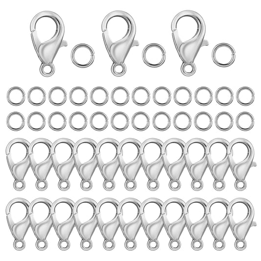 Sibba Curved 550Pcs Silver Lobster Clasp and Open Jump Ring Replacement Snap Hook for Jewellery Crafts Lanyard Clips DIY Choker Necklaces Bracelet Making Silver (Clasp: 12mm + Ring: 5mm)