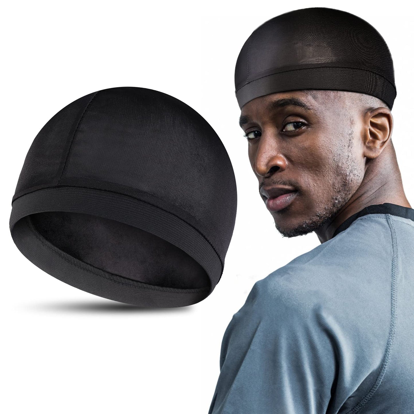 WLLHYF 1 Pieces Black Wave Cap, Compression Cap Head Circumference 56 CM Men's Skullies Beanies Helmet Liner Soft Bike Motorcycle Accessories Shower Cap for Men Women