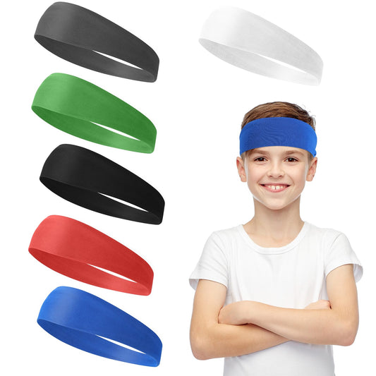 Dimeho 6Pcs Kids Sports Headbands Boys Headbands for Boys Athletic Sweatbands for Kids Elastic Hairband for Baseball, Running, Cycling, Football (Dark gray/Sky blue/Green/Red/White/Black)