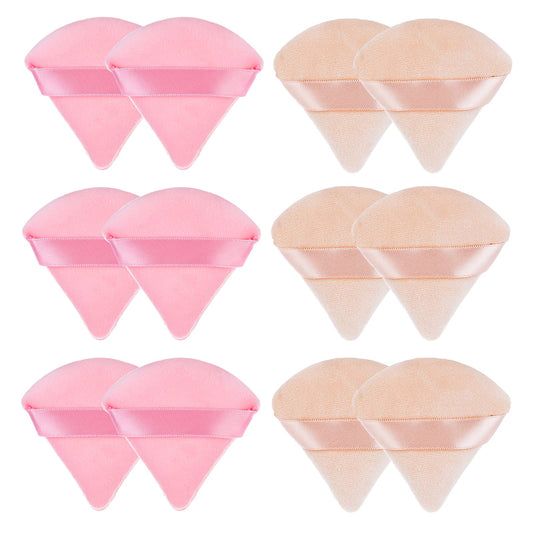 Sibba 12 Pieces Triangle Powder Puffs Face Cosmetic Powder Puff Washable Reusable Soft Plush Powder Sponge Makeup Foundation Sponge for Face Body Loose Powder Wet Dry Makeup Tool, Pink&Nude