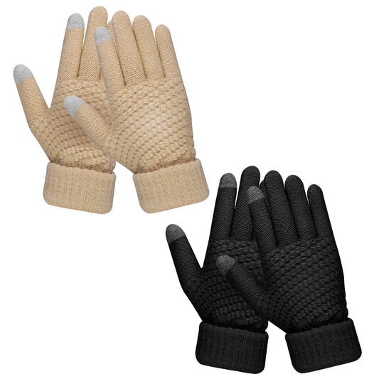 Sibba 2 Pairs Women's Winter Touchscreen Gloves, Warm Wool Lined Gloves, Thermal Knitted Stretchy Cuff Mittens (Black&Beige)