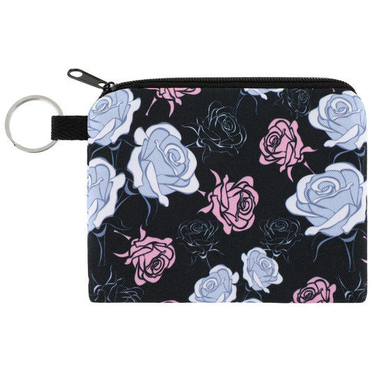 Zipper Change Bag Flower Wallet Small Coin Purse Pouch for Women Girls Cartoon Printing Canvas Handy Portable Mini Change Wallet Coin Pocket Credit Card ID Key Headset Lipstick Organizer, Black-Rose,