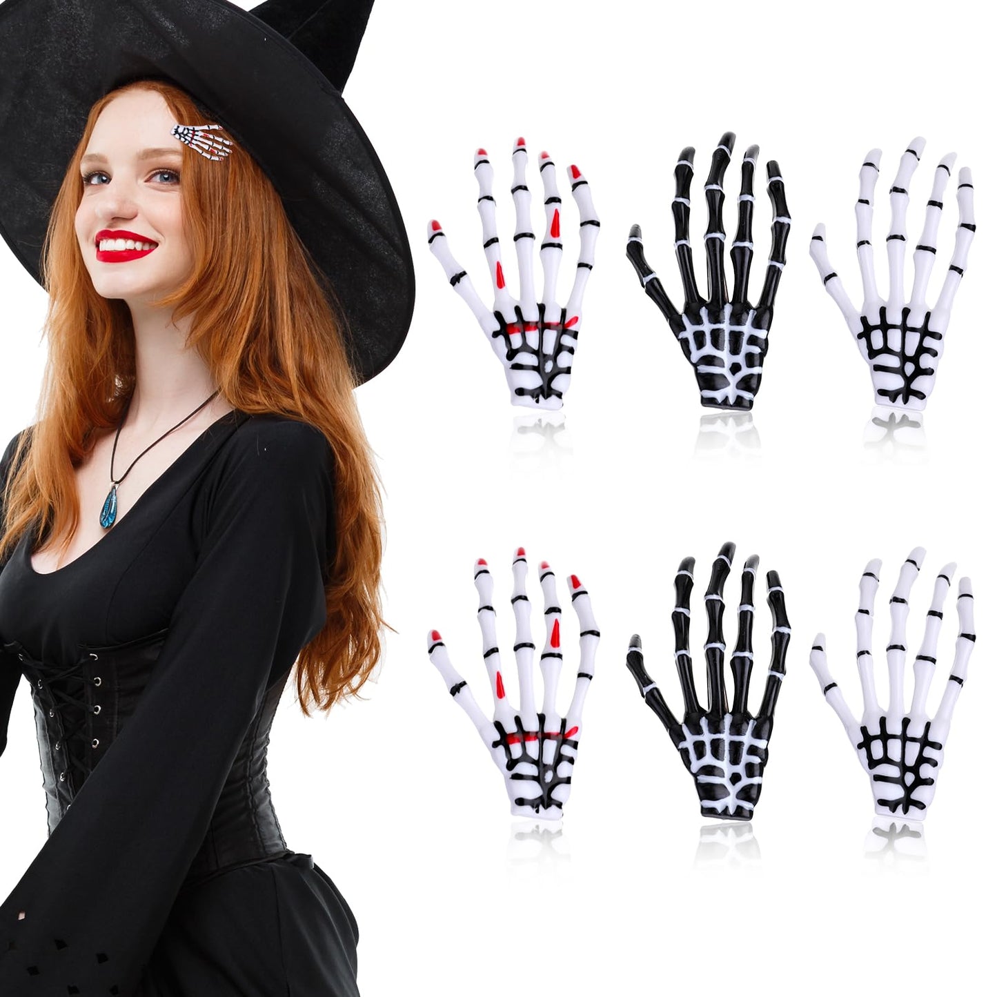 Sibba Gothic Skeleton Hands Bone Hair Clips, 6Pcs Punk Rock Devil Claw, Zombie Bone Alligator Barrettes for Women Girls, Halloween Party Accessories