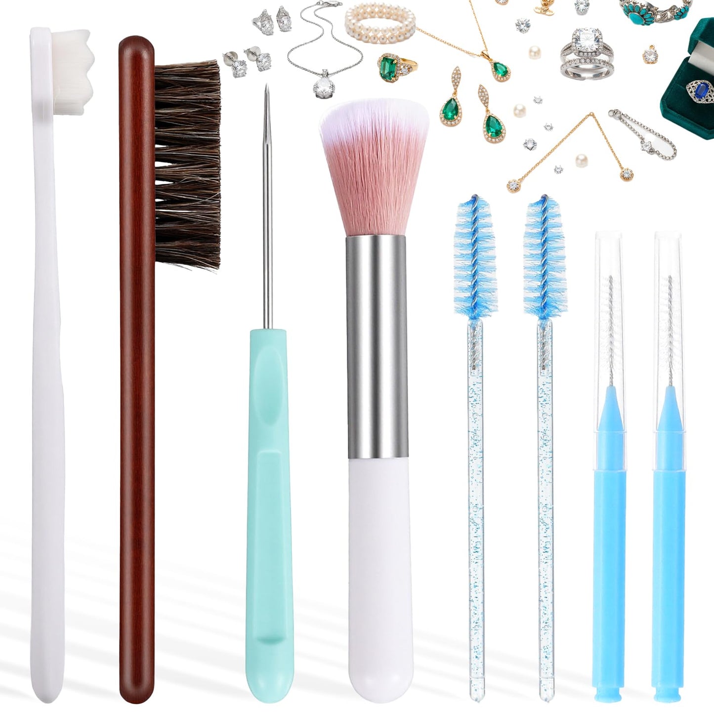 ElevateTech Jewelry Cleaning Brush Kit, 18 Pcs Jewelry Cleaner Brush Horse Hair Brushes Needles Crevice Brushes Cleaning Polishing Cloth for All Jewelries Ring Earring Diamond
