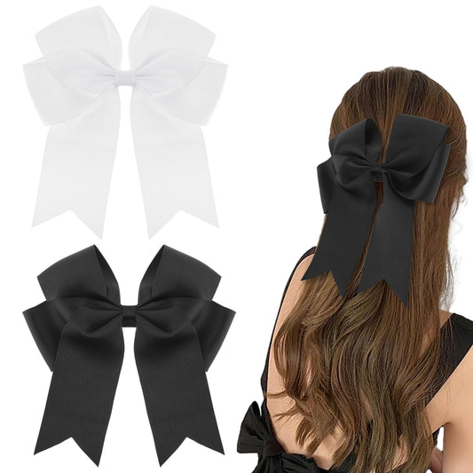 2 Pack Hair Bows for Women and Girls, Silky Satin Bow Hair Clips, French Barrette for Women, Cute Hair Bow Aesthetic Hair Accessories (Black, White)