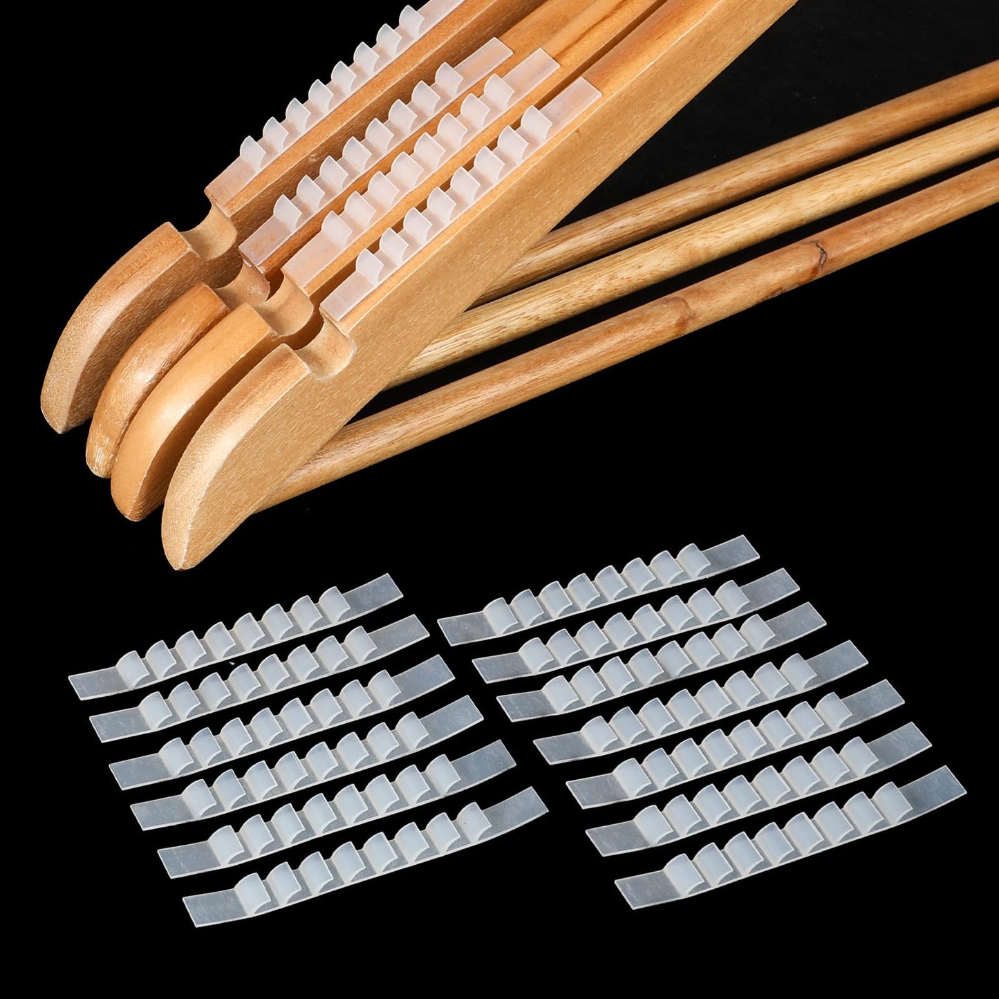 COMNICO Rubber Hanger Grip, 228 Pcs Non Slip Clear Hanger Grips for Wood Hangers Adhesive Backing Cloth Hanger Strip with Fins 2.76×0.28 Inches Clothes Hanger Strips Grippers for Clothes Hanger