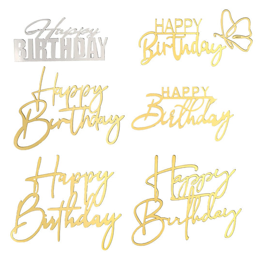 Dimeho 6 Pack Glitter Happy Birthday Cake Topper Golden Cake Top Decoration Acrylic Caketopper Sticks Decor Banner Sign For Party Anniversary Supplies