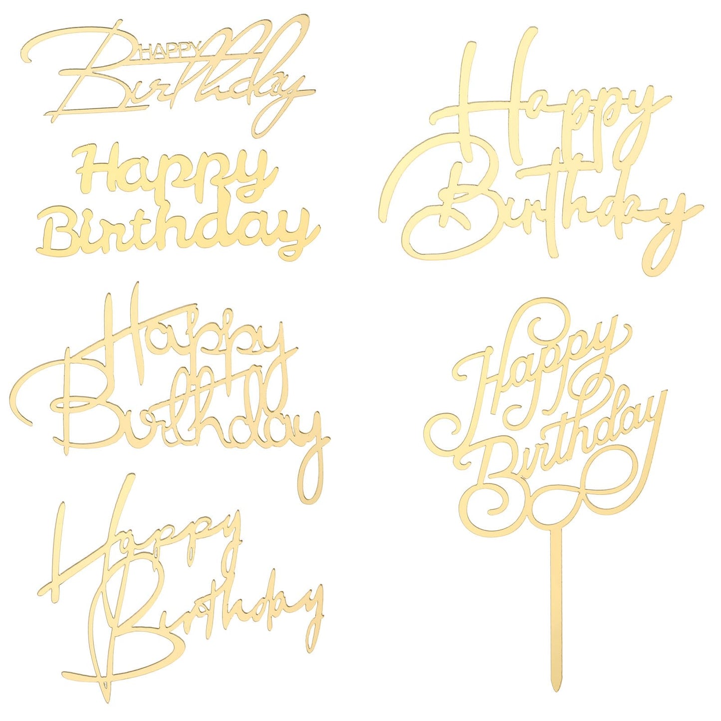 Dimeho 6 Pack Glitter Happy Birthday Cake Topper Golden Cake Top Decoration Acrylic Caketopper Sticks Decor Banner Sign For Party Anniversary Supplies(Gold-cursive font)