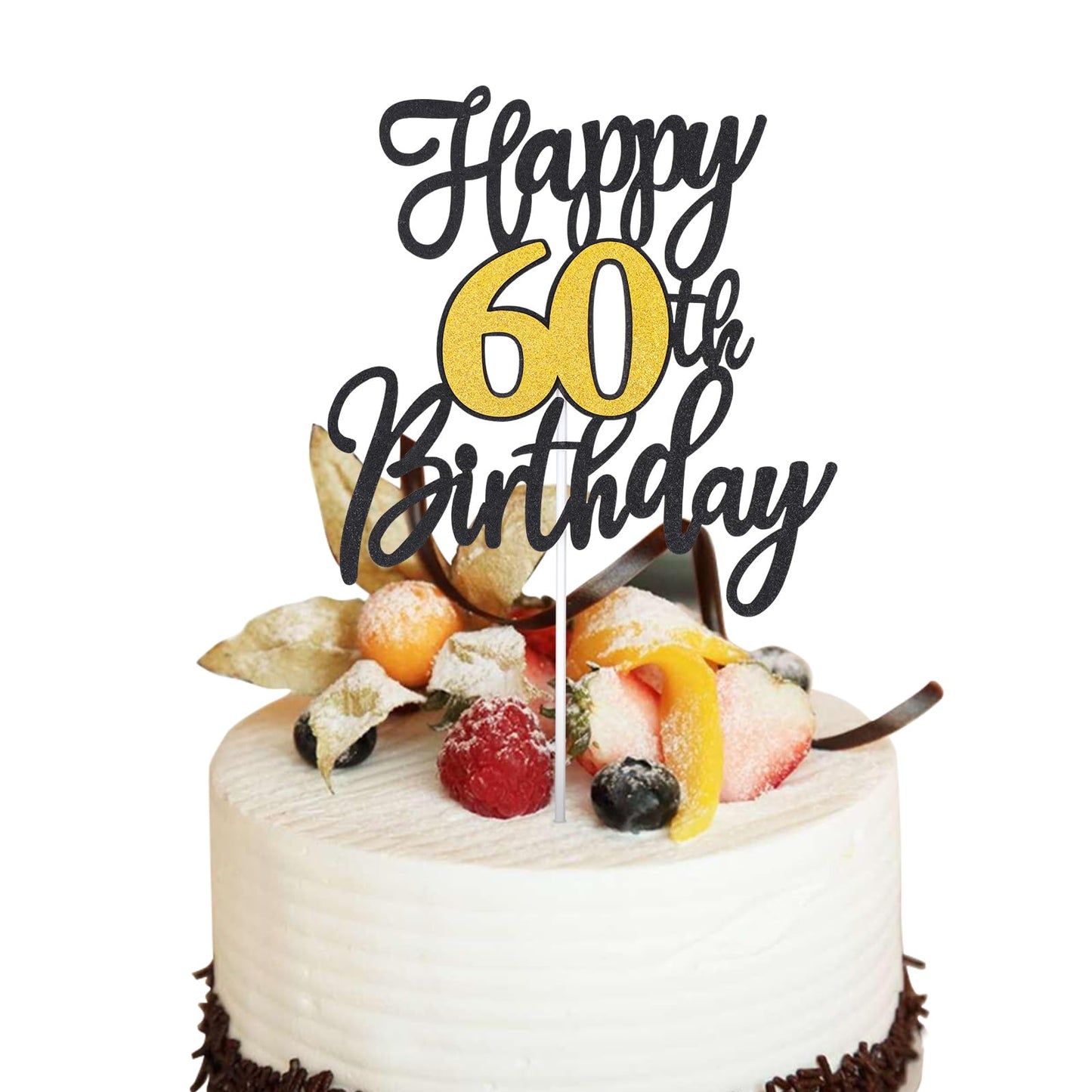 WLLHYF 1 Pack Black Gold Glitter Happy 60th Cake Topper Picks Fabulous Birthday Celebrating Party Decorations for Women Men Wedding Anniversary Supplies