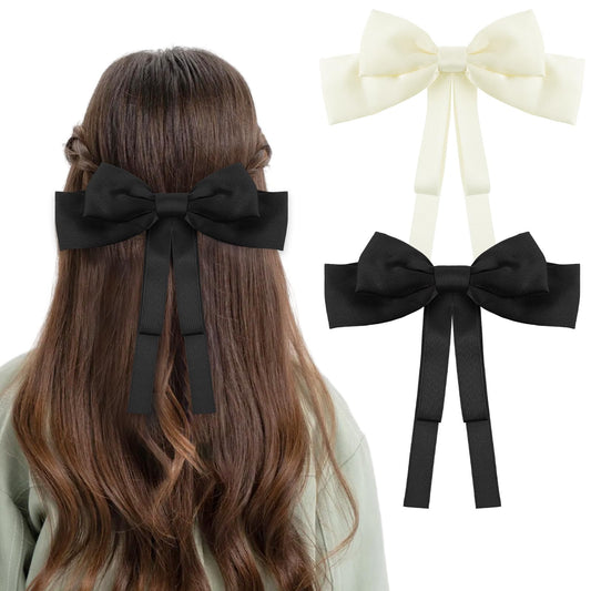 2 PCS Silky Satin Hair Bows Hair Clip for Women, Bow Hair Ribbon Clip with Long Tail, Cute Aesthetic Hair Accessories for Women Girls Toddlers Teens Kids (Black, Off-white)