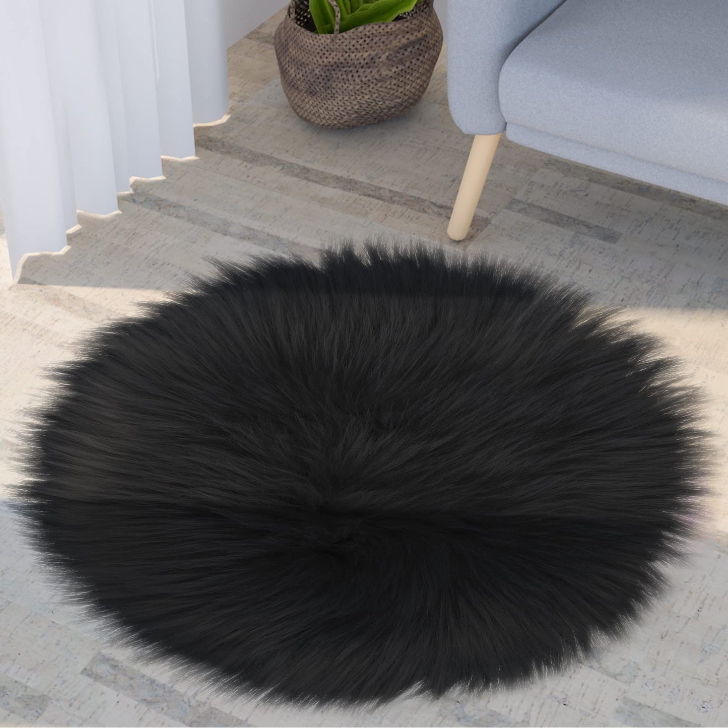 Sibba Faux Fur Fuzzy Area Rug Chair Pad Protectors 30 cm Black Round Cover Pillow Cushion Carpet Mat Desk Sofa Seat Couch for Winter Living Room Kids Bedroom Home Decor Photographing Background Craft