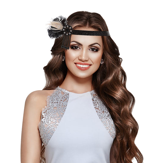 Sibba 1920s Flapper Headband, Vintage 1920s Feather Headband Beaded Gatsby Headband for Women Costume Theme Party, Cocktail Party Hair Accessories for Women