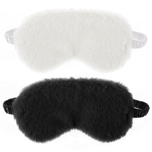 2 Pcs Plush Sleep Eye Mask Cute Soft Sleeping Blindfold Adjustable Furry Nap Eye Cover Night Comfortable Faux Fur Eyeshade for Plane Game Winter Men Women Gift(White, Black)