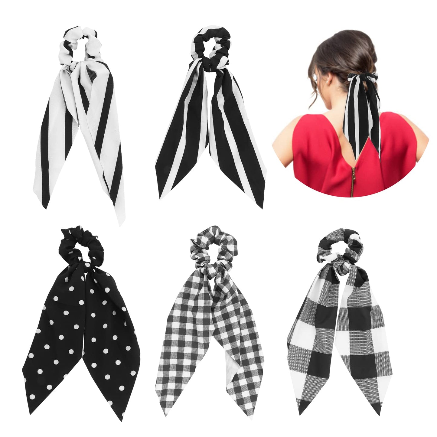 Sibba Aesthetic Hair Bands Scarf Scrunchie Bow Ribbon Ties Headbands Thick Braids Ponytail Holder Big Elastics Kawaii Band Scarves 90s Women Girls Headweear Headpiece Hairstyle Accessories (5 Pieces)
