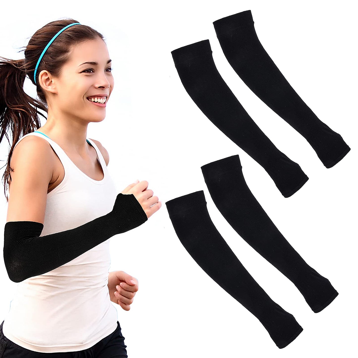 Sibba 2 Pairs UV Sun Protectors Arm Sleeves Protection Compression Fishing Riding Golf Sports Hand Protector Set Summer Light Sunscreen Half-Finger Wrist Tattoo Covers Men Women Children(black)