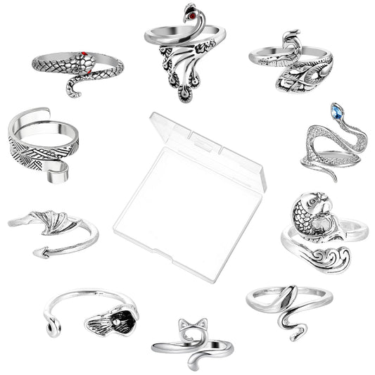 Wanmu 10Pcs Adjustable Crochet Ring, Crochet Ring Finger, Finger Yarn Guide Knitting Tension Rings, Cat-Shaped Snake-Shaped Open Ring for Crocheting Companion Ring for Women