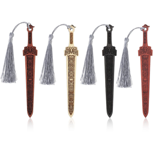 4Pcs Sword Shaped Wooden Bookmarks Vintage Book Mark with Tassels Handmade Reading Page Markers Creative Pendant Bookmark for Men Women Teachers Office School Home Library Bookstore Lovers