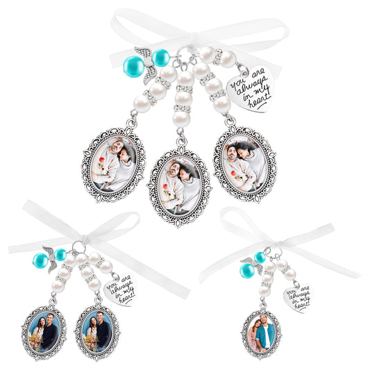 Dimeho 3 Pcs Wedding Bouquet Photo Charms Silvertone Bridal Memorial Pendant You Are Always In My Heart Personalized Keepsake Ribbon Bow Pearl Charm for Picture Template Floral Wed Shower