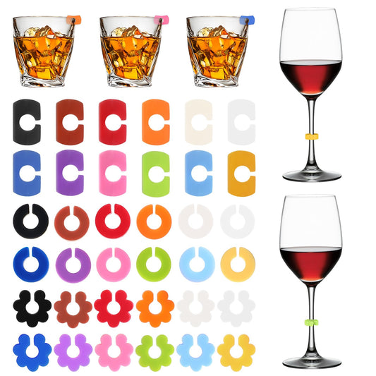 COMNICO 36pcs Wine Glass Charms Tags Reusable Silicone Wine Glass Drink Markers Cups Bottle Identifiers for Bar Party Champagne Flutes Cocktail Stem Glasses