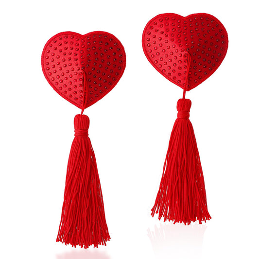Sibba Tassel Bra Heart Petals Silicone Pasties Rhinestone Breast Pads Breathable Patch Skin Covers Sticky Chest Padding Reusable Lingerie Accessories Breast Coverings Fit Women, Raves, Party (Red)