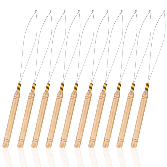 Qisnyu 10 Pcs Wooden Hair Extension Loop Needle Threader Micro Silicone Link Rings Bead Device Tool Kits Remove Pliers Wire Pulling Hook Bead Tool for Hair or Feather Extensions