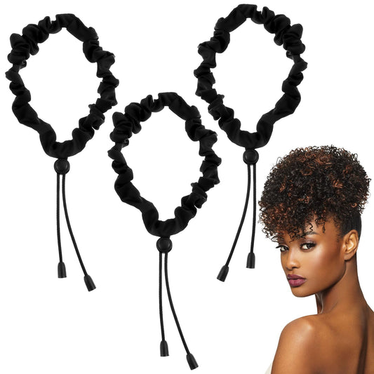 3 Pcs Hair Scrunchies Adjustable Satin Ponytails Holder Tie Curly Loc Ties Cuff Invisible Black Silk Soft Elasticity Bands for Thick Curls Hair Styling Braids Curler Headpiece Hairstyle Women